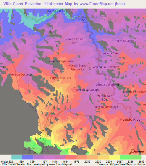 Villa Claret,Colombia Elevation Map