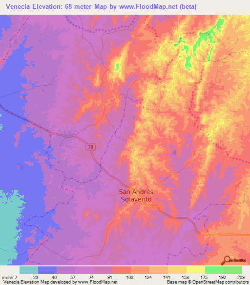 Venecia,Colombia Elevation Map