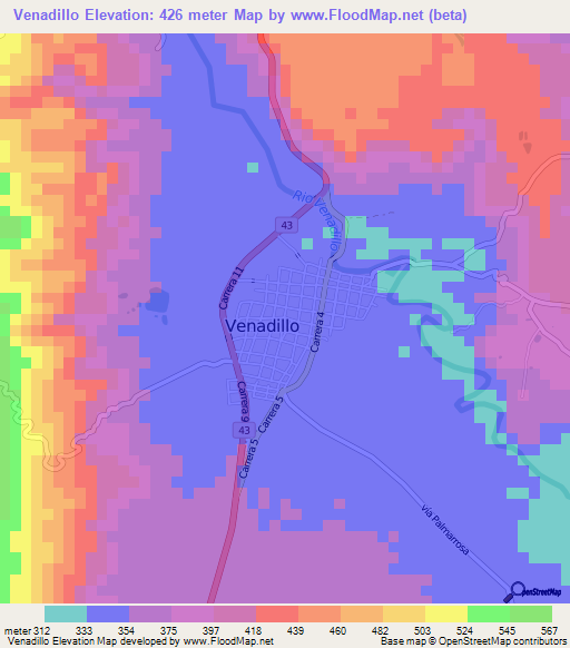 Venadillo,Colombia Elevation Map