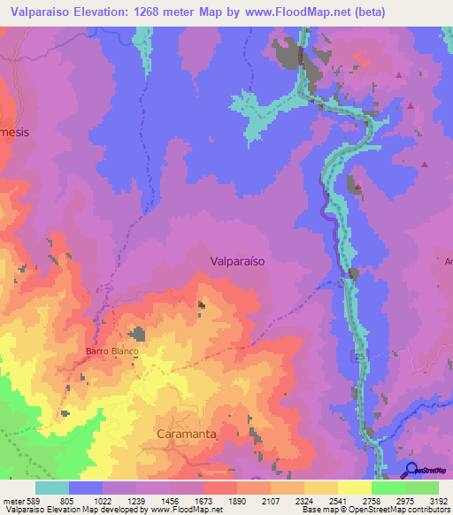 Valparaiso,Colombia Elevation Map