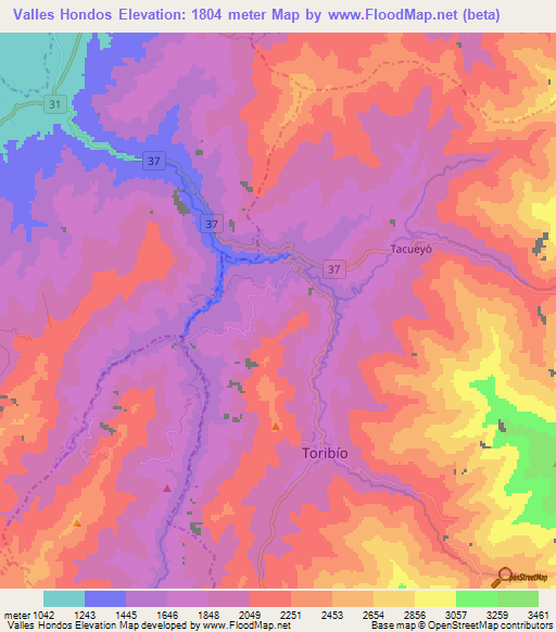 Valles Hondos,Colombia Elevation Map