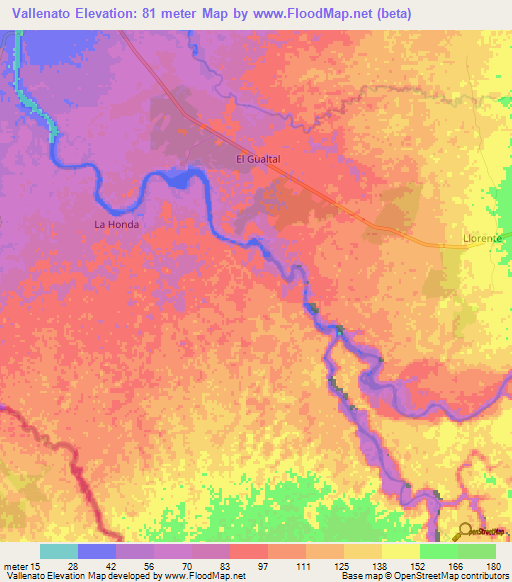 Vallenato,Colombia Elevation Map