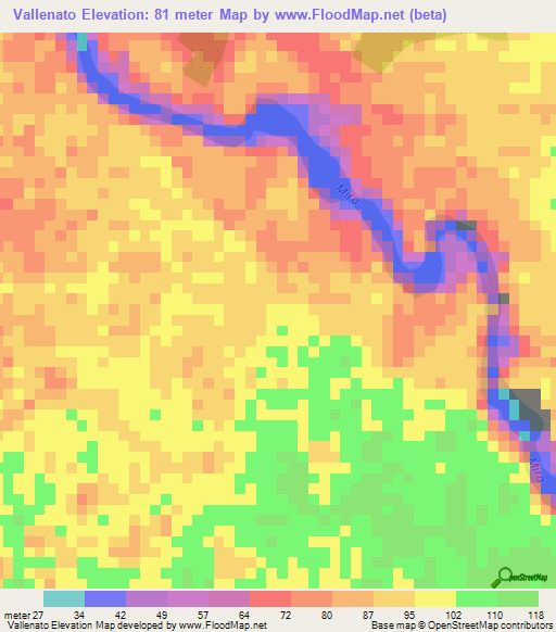 Vallenato,Colombia Elevation Map