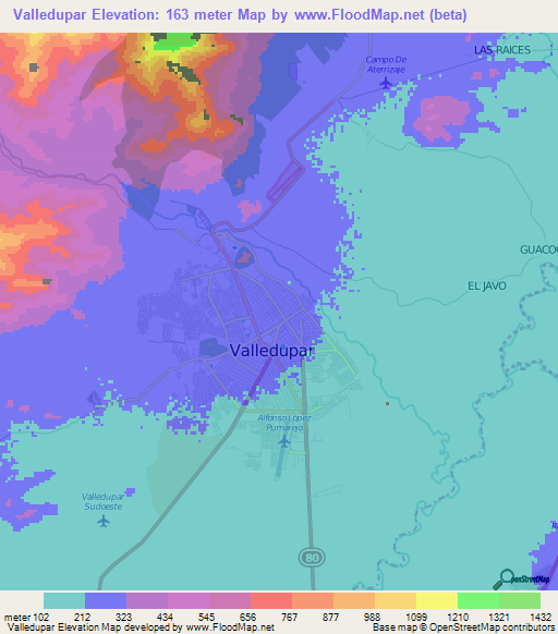 Valledupar,Colombia Elevation Map