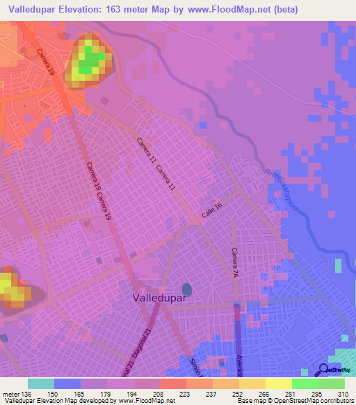 Valledupar,Colombia Elevation Map