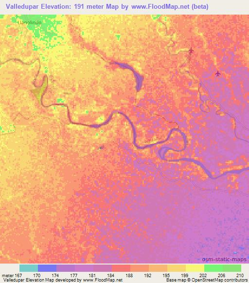 Valledupar,Colombia Elevation Map