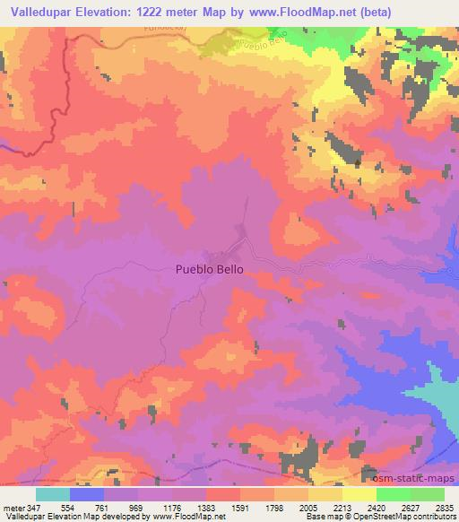 Valledupar,Colombia Elevation Map