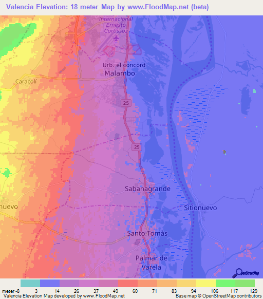 Valencia,Colombia Elevation Map