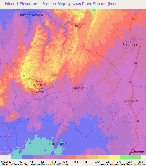 Usiacuri,Colombia Elevation Map