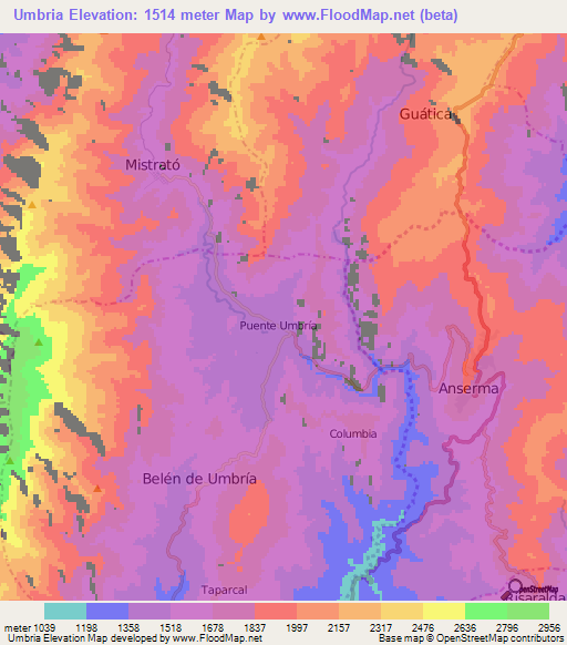 Umbria,Colombia Elevation Map