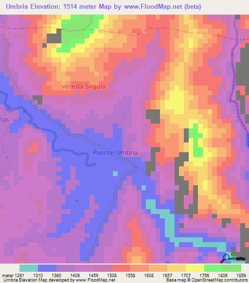 Umbria,Colombia Elevation Map