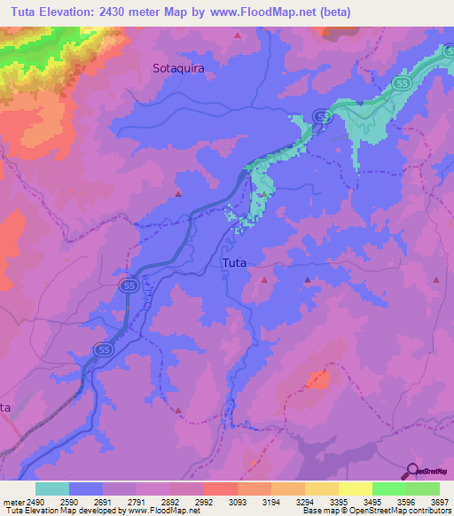 Tuta,Colombia Elevation Map