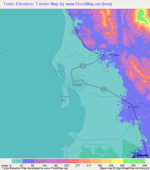 Turbo,Colombia Elevation Map