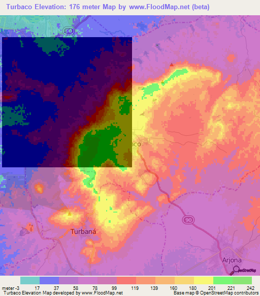 Turbaco,Colombia Elevation Map