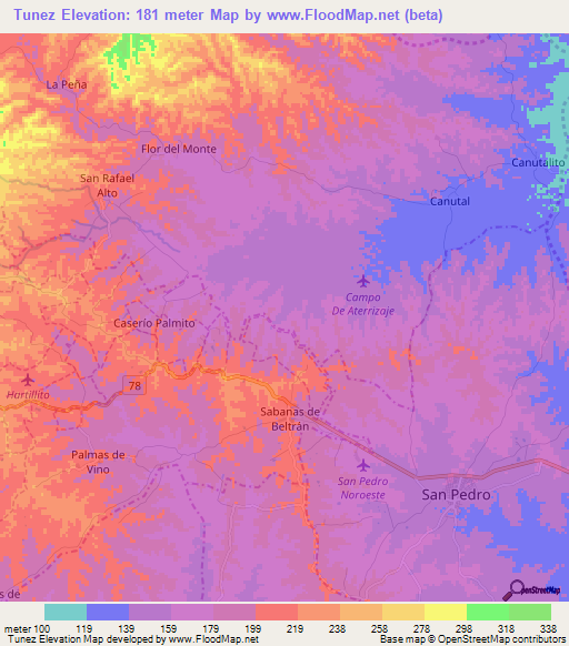 Tunez,Colombia Elevation Map