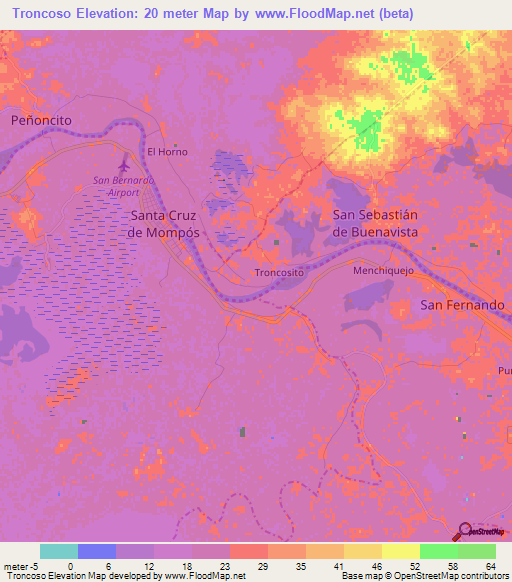 Troncoso,Colombia Elevation Map