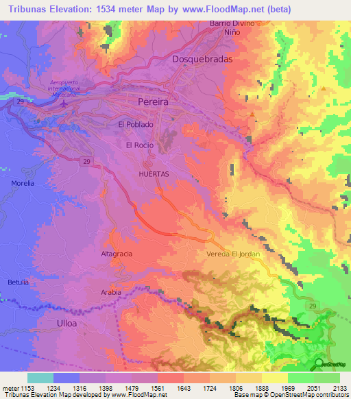 Tribunas,Colombia Elevation Map