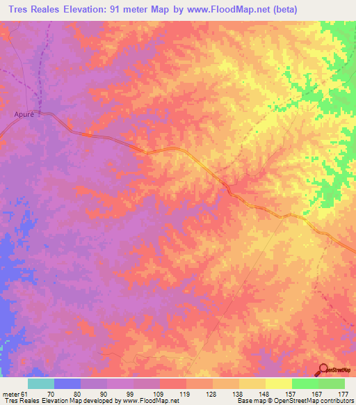 Tres Reales,Colombia Elevation Map