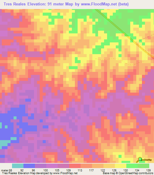 Tres Reales,Colombia Elevation Map