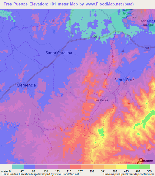 Tres Puertas,Colombia Elevation Map