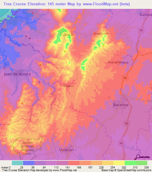 Tres Cruces,Colombia Elevation Map