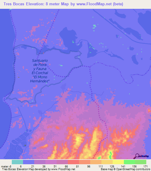 Tres Bocas,Colombia Elevation Map