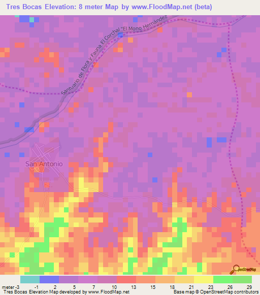 Tres Bocas,Colombia Elevation Map