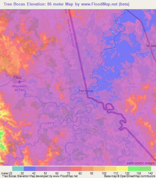 Tres Bocas,Colombia Elevation Map