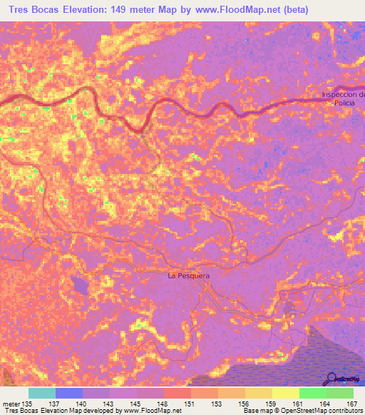 Tres Bocas,Colombia Elevation Map