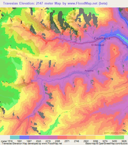 Travesias,Colombia Elevation Map