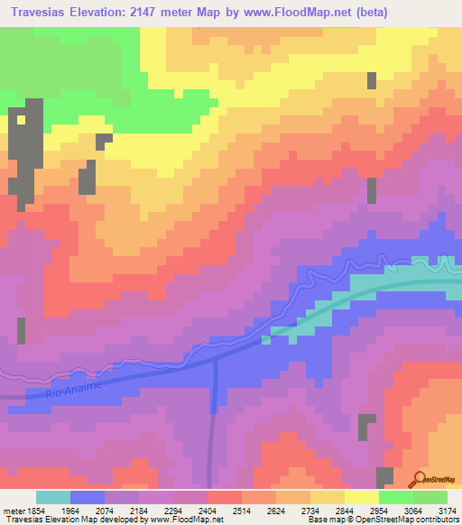 Travesias,Colombia Elevation Map