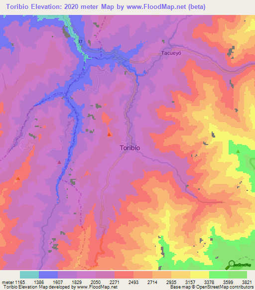 Toribio,Colombia Elevation Map