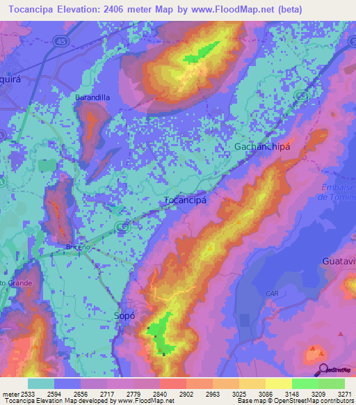 Tocancipa,Colombia Elevation Map