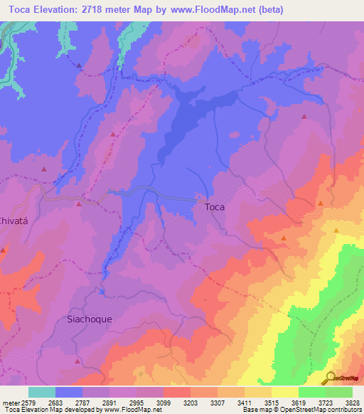 Toca,Colombia Elevation Map