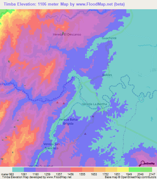 Timba,Colombia Elevation Map