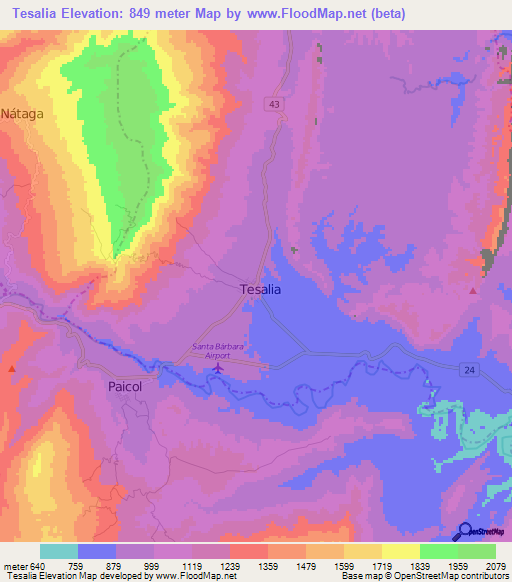 Tesalia,Colombia Elevation Map