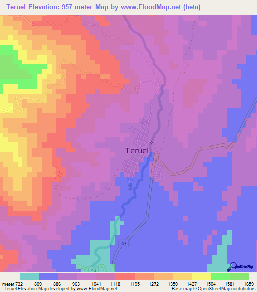 Teruel,Colombia Elevation Map