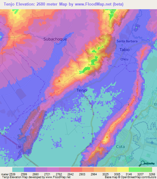 Tenjo,Colombia Elevation Map