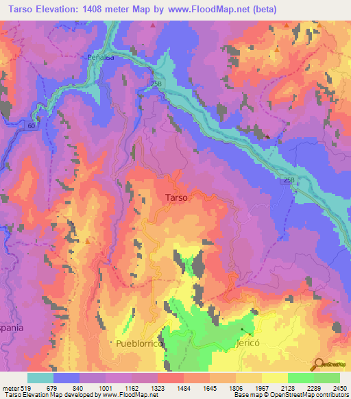 Tarso,Colombia Elevation Map