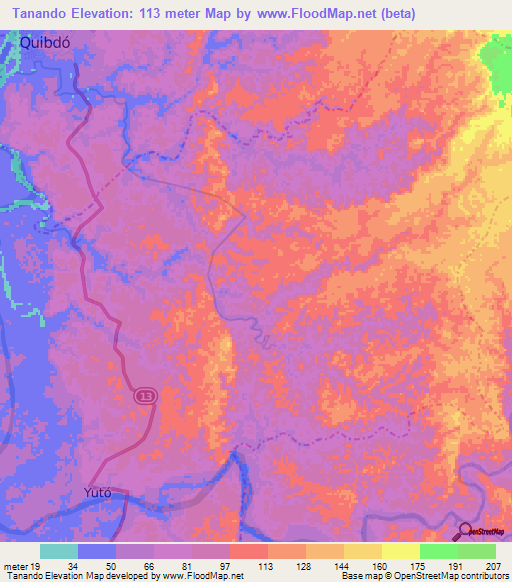 Tanando,Colombia Elevation Map