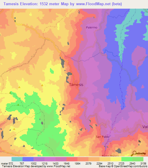 Tamesis,Colombia Elevation Map