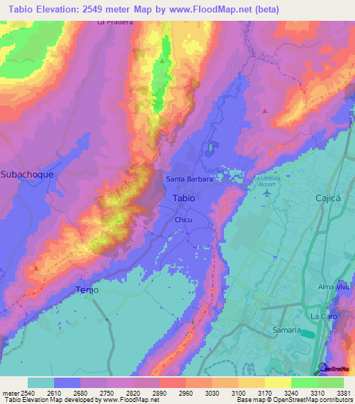 Tabio,Colombia Elevation Map