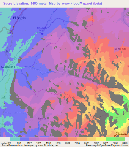 Sucre,Colombia Elevation Map