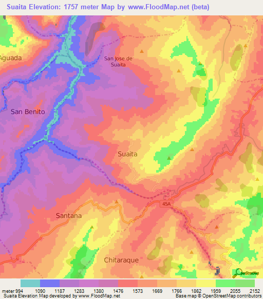 Suaita,Colombia Elevation Map