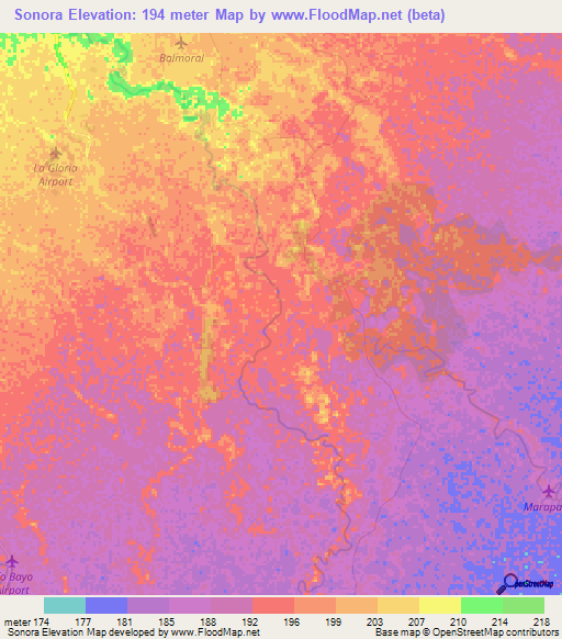 Sonora,Colombia Elevation Map