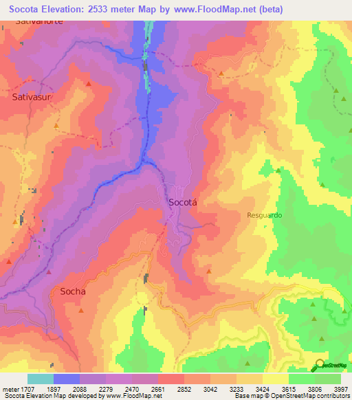 Socota,Colombia Elevation Map