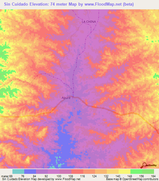 Sin Cuidado,Colombia Elevation Map