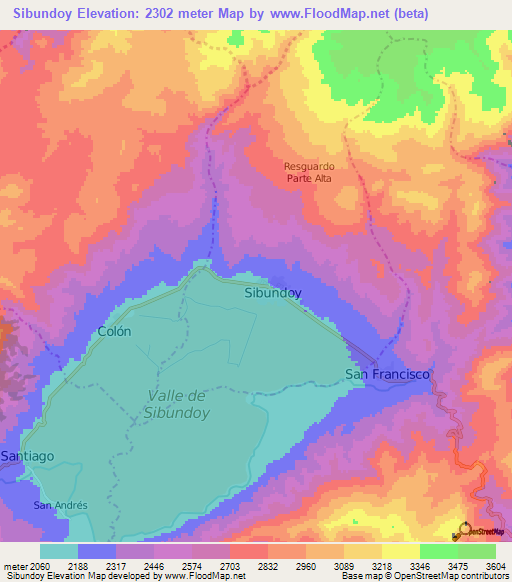 Sibundoy,Colombia Elevation Map