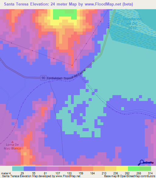 Santa Teresa,Colombia Elevation Map