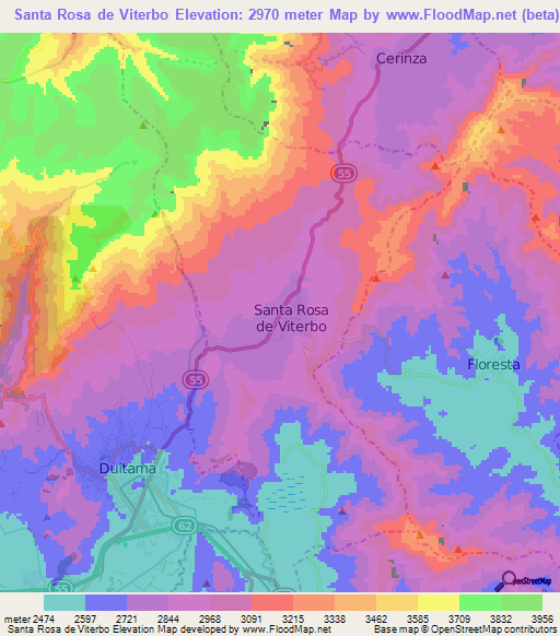 Santa Rosa de Viterbo,Colombia Elevation Map